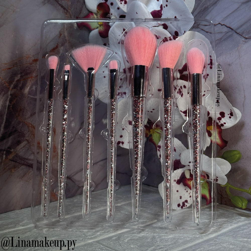 Kit de Brochas Mangos transparentes con glitter rosado 7 brochas